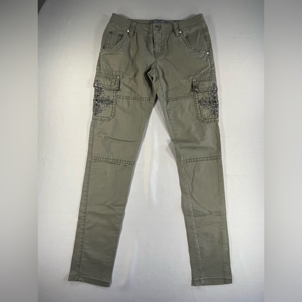 Miss Me • Olive Green Cargo Jeans Bead Embellished Cross Accent Size 26